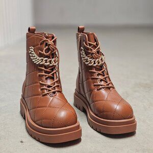 Quilted Faux Leather Lace-Up Combat Boots With Gold Chain Accent - Brown